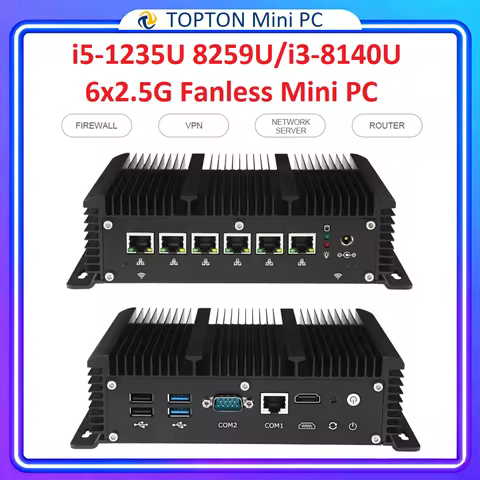 Topton 6x 2.5G LAN Firewall Mini PC Fanless Intel Core i5 1235U 8259U i3 DDR5 DDR4 2*COM AES-NI pfSense OPNsense Network Server