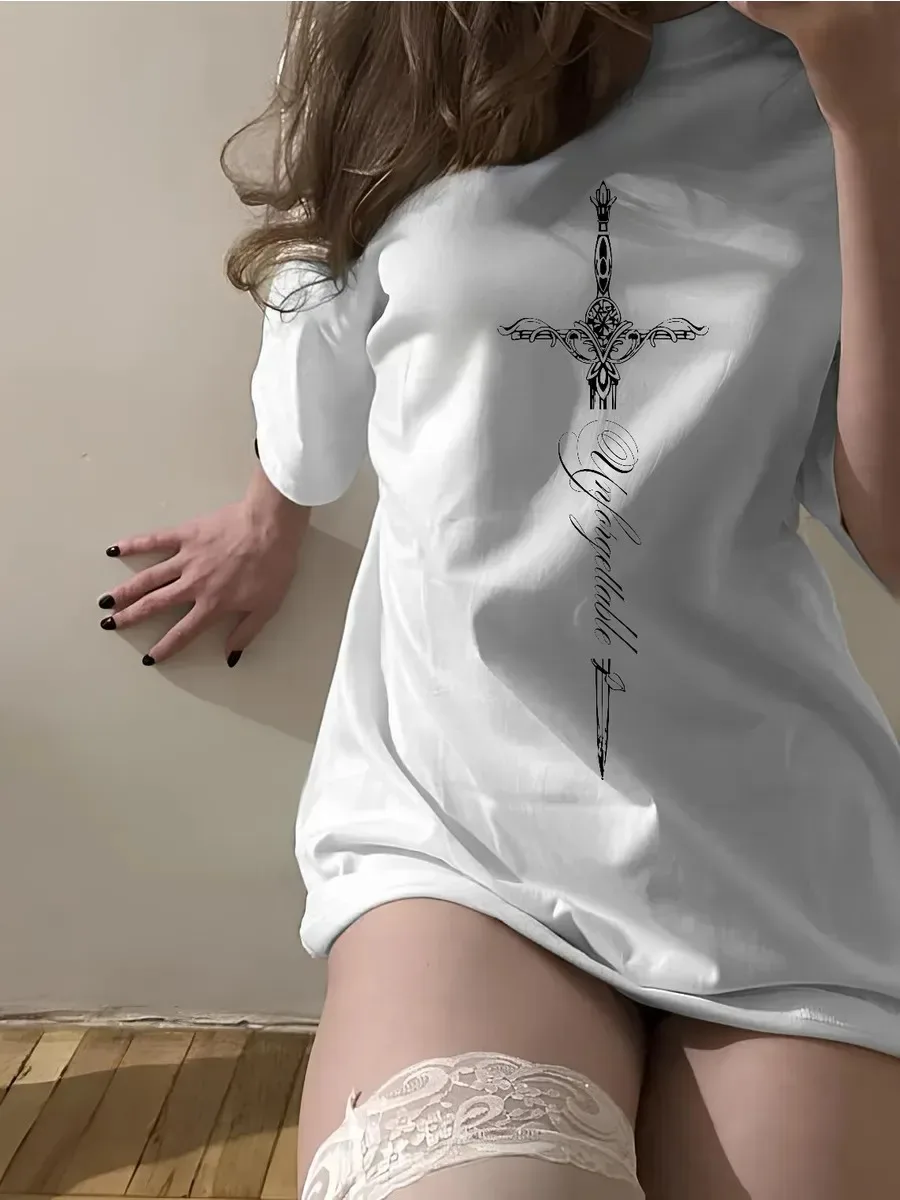 Women White T‑Shirt Gothic Ornate Sword Cross with Cursive Letter Print Short Sleeve O‑Neck Loose Punk Streetwear Ladies