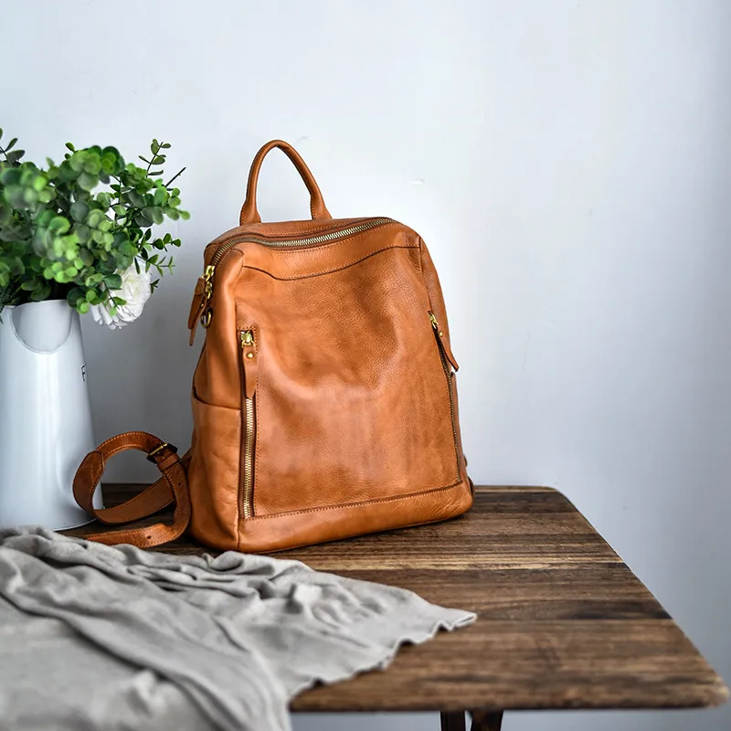 simple fashion travel designer handmade first layer cowhide women backpack weekend party luxury genuine leather ladies schoolbag