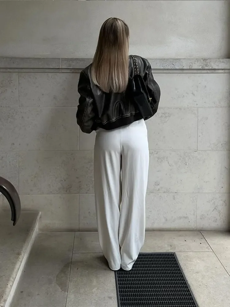 Blouson en cuir PU femme, rétro, fermeture éclair avec poche, mode solide, col rond, manches longues, manteau court, slim, vêtements d'extérieur, 2024