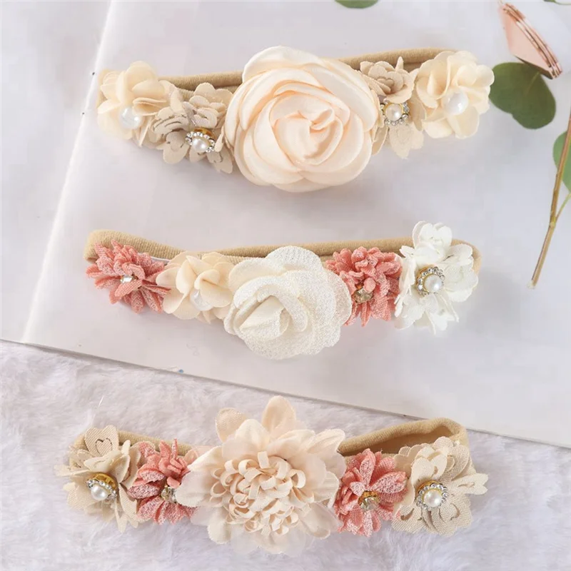 

A07I 3Pcs Baby Girl Nylon Headbands - Floral Infant Hair Band Bows, Elastic Wraps For Newborns & Toddlers