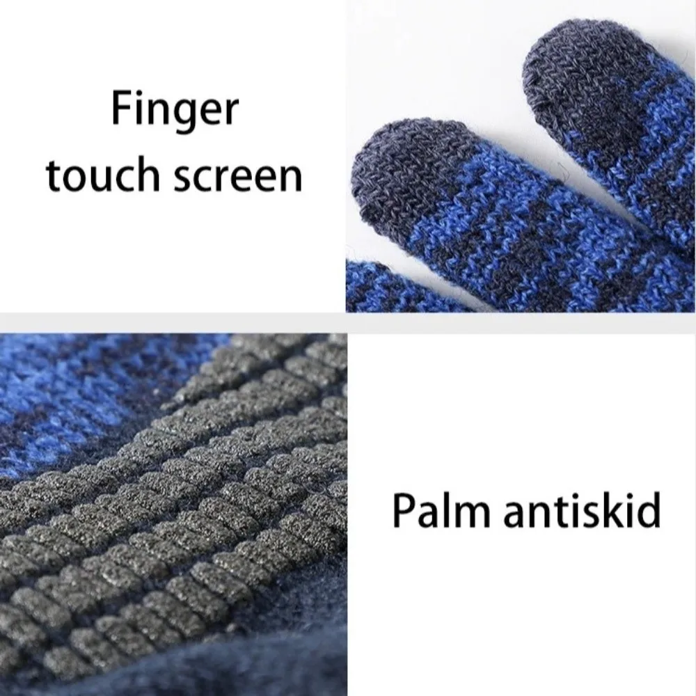 Fashion Large Size Winter Knitted Gloves Warm Non-Slip Touch Screen Gloves Full Finger Thickened Fleece Gloves for Men