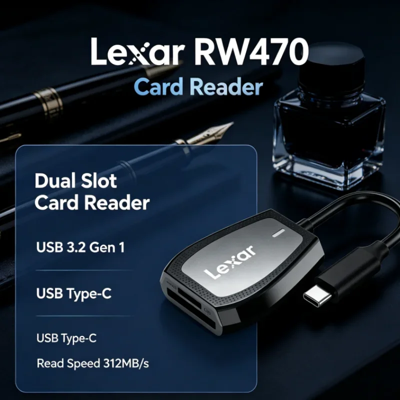 Lexar RW470 Type-C USB 3.2 Gen1 Dual Slot 2-in-1 Card Reader SD microSD UHS-II 312MB/s Transfer for Memory Card Data Transfer