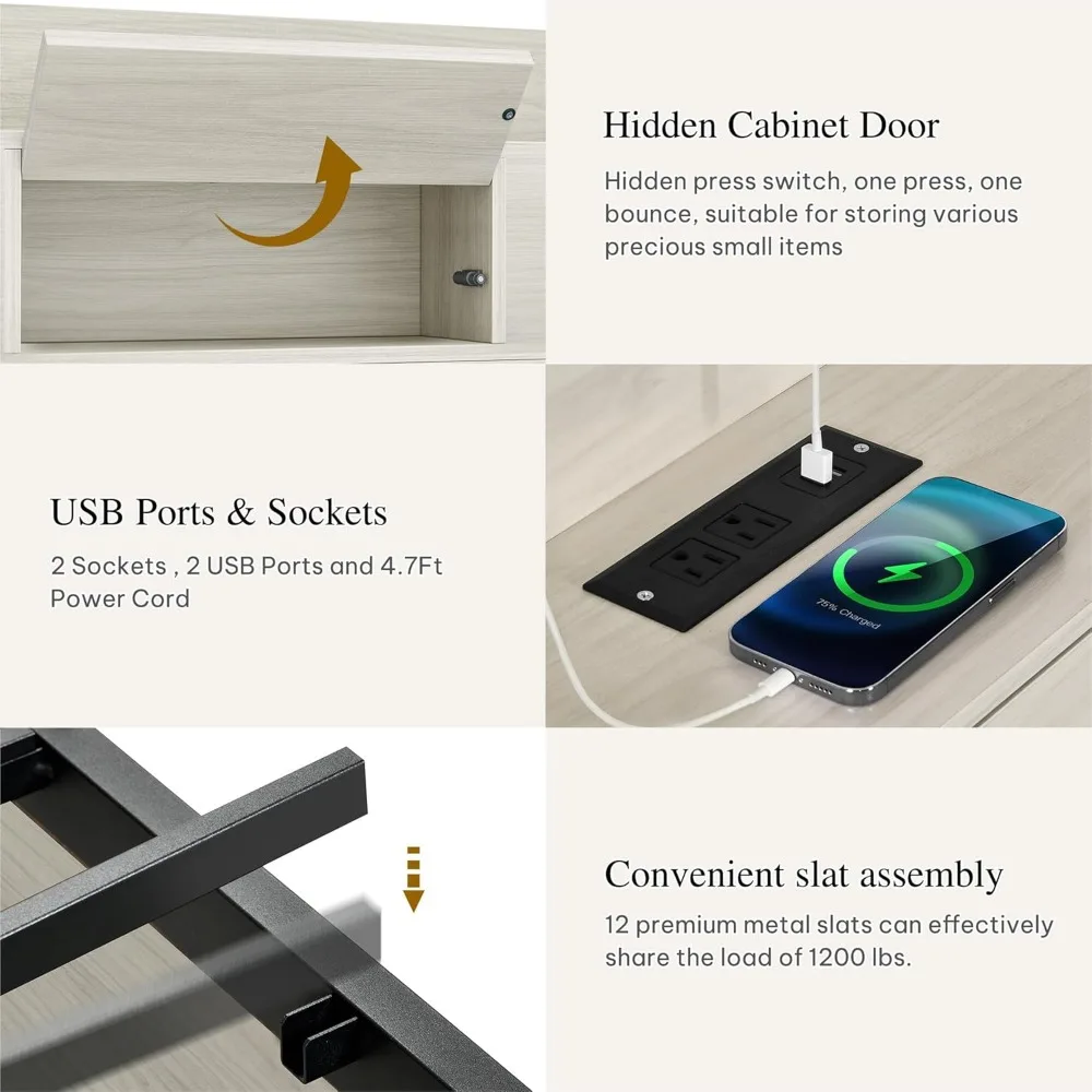 إطار سرير بحجم كوين مع لوح أمامي لخزانة الكتب و4 أدراج تخزين، وإطار سرير RGB LED مع محطة شحن USB من النوع C