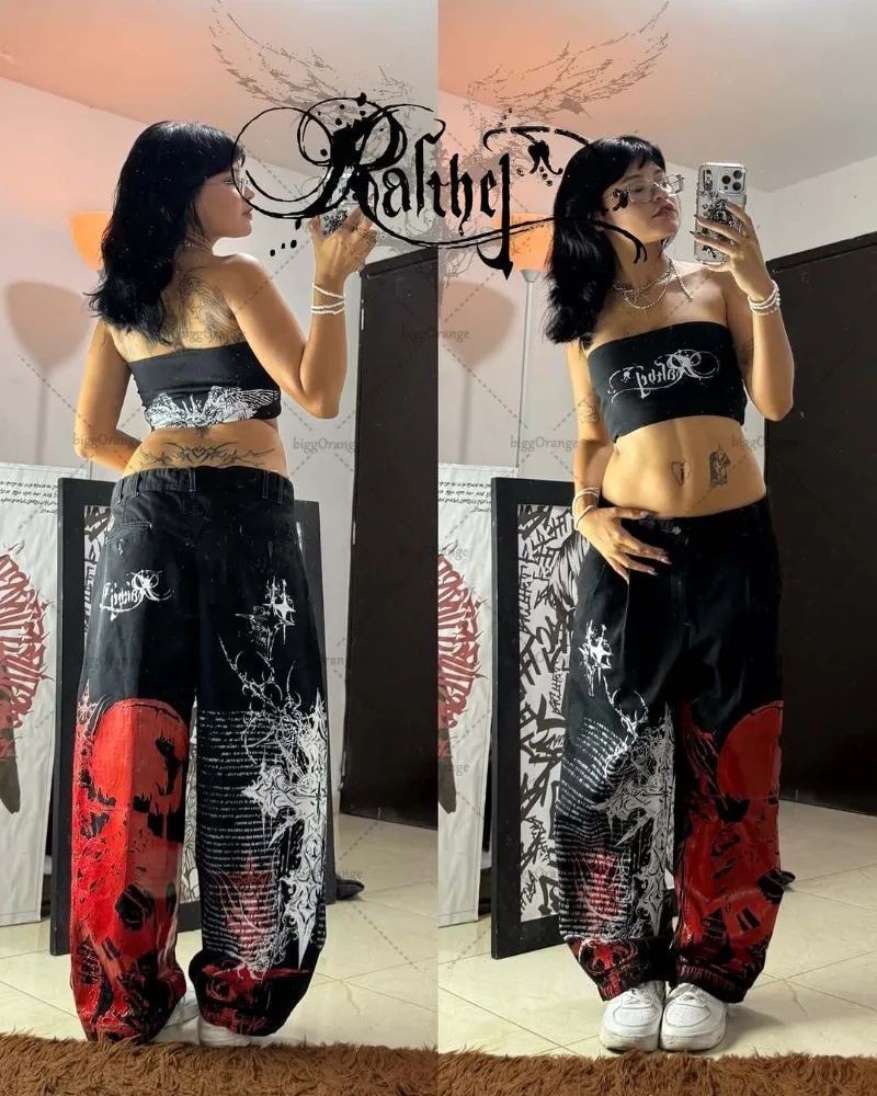 

American Hip-hop Punk Trendy Brand Oversized Wash Gothic Jeans Women Y2K Harajuku Rock Vintage Loose Wide-leg Pants Streetwear