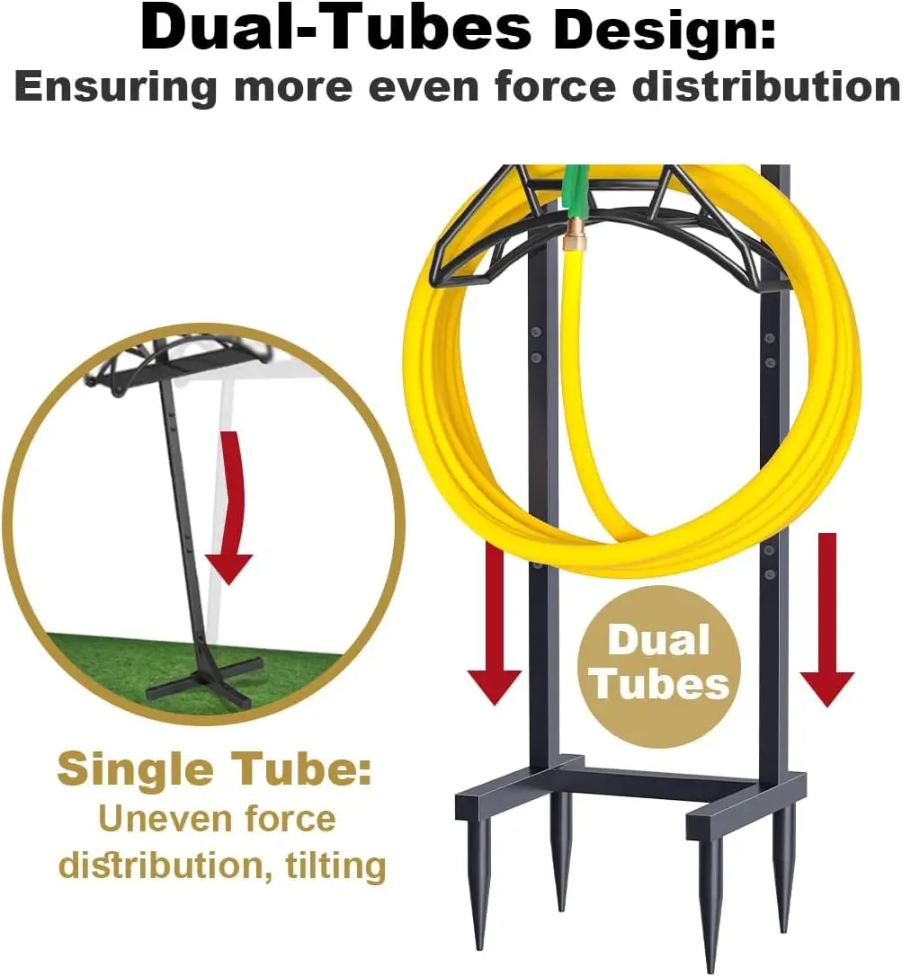 屋外ガーデンホースホルダー、自立式、4つのスパイク付き、頑丈な金属製ウォーターホースリールスタンドハンガーラックオーガナイザー、収納可能