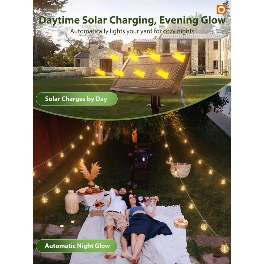 100FT Solar String Lights Outdoor with Remote, 54 LED Shatterproof Bulbs, Dimmable amp Timable, 3 Light Modes, G40 Waterproof So