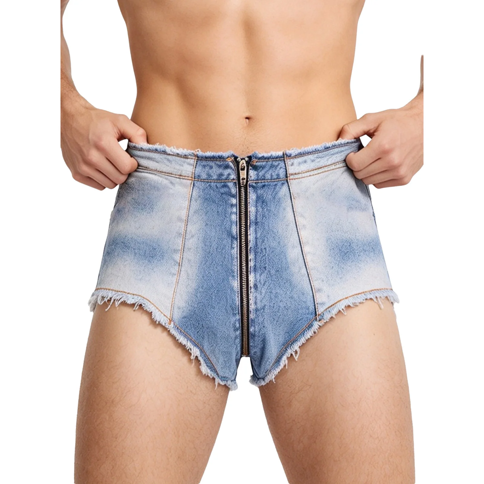 Men's Low Rise Denim Shorts Raw Edge Zipper Front Hot Pants Skinny Jeans Shorts with Pockets Beach Nightclub Party Streetwear