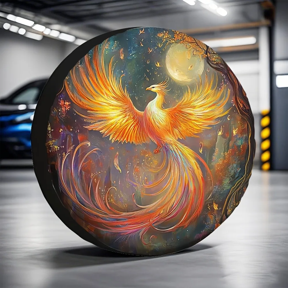 Golden Phoenix Full Moon Vintage Oil Painting Spare Tire Cover
