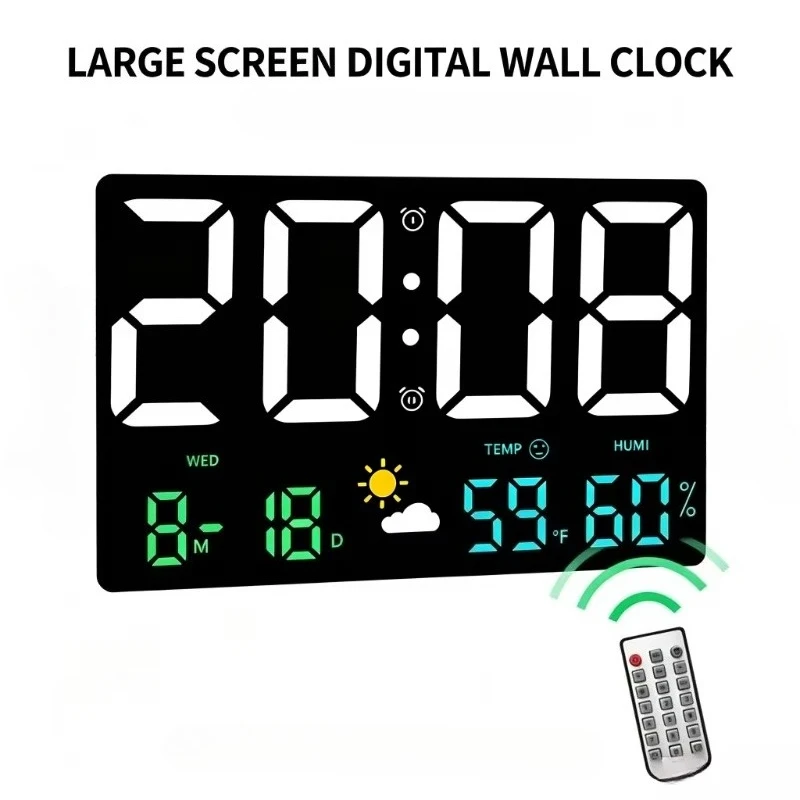 Smart Mute LED Large-Screen Wall Clock Color Digital Alarm Clock Multifunctional Temperature Humidity Weather Display 8012
