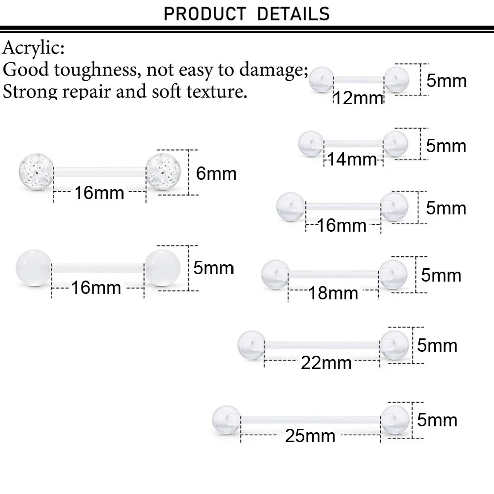 14G Plastic Nipple Piercing Tongue Rings Flexible Acrylic Rubber Straight Tongue Ring  Retainer Piercing Jewelry for Women Men
