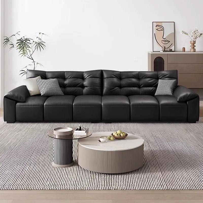 Modern Simple Black High Backrest Leather Straight Row Sofa Italian Light Luxury Minimalist Elephant Ear Leather Sofa