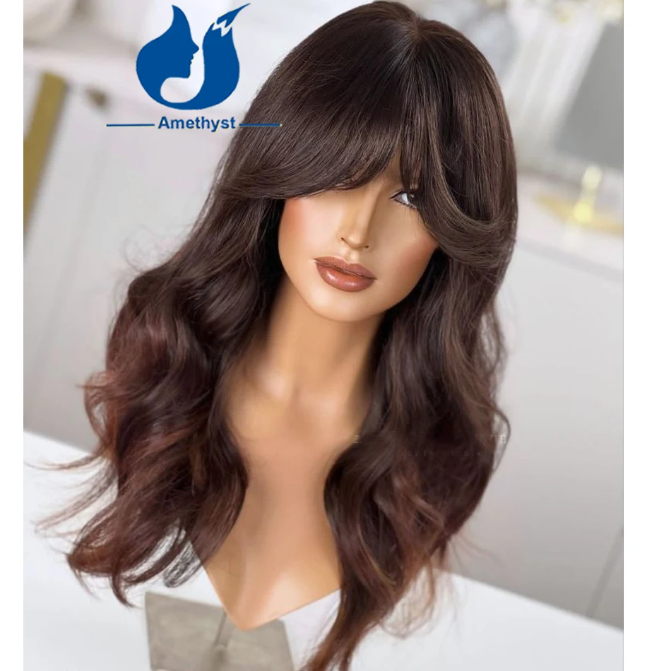 Amethyst Dark Brown Wave Brazilian Human Hair Wig with Curtain Bangs for Women Highlight Colored Scalp Top Full Machine Wig Remy