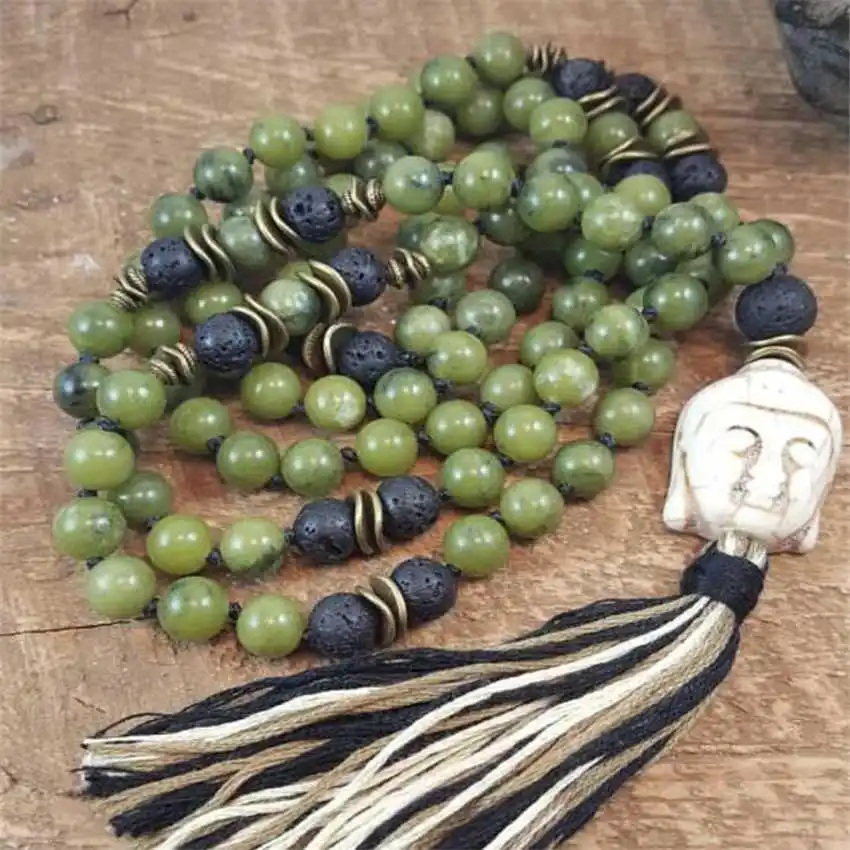 

Natural Green Spot Jasper & Lava Rock 108 Beads Mala Necklace with Buddha Pendant Colorful Tassel Spiritual Jewelry