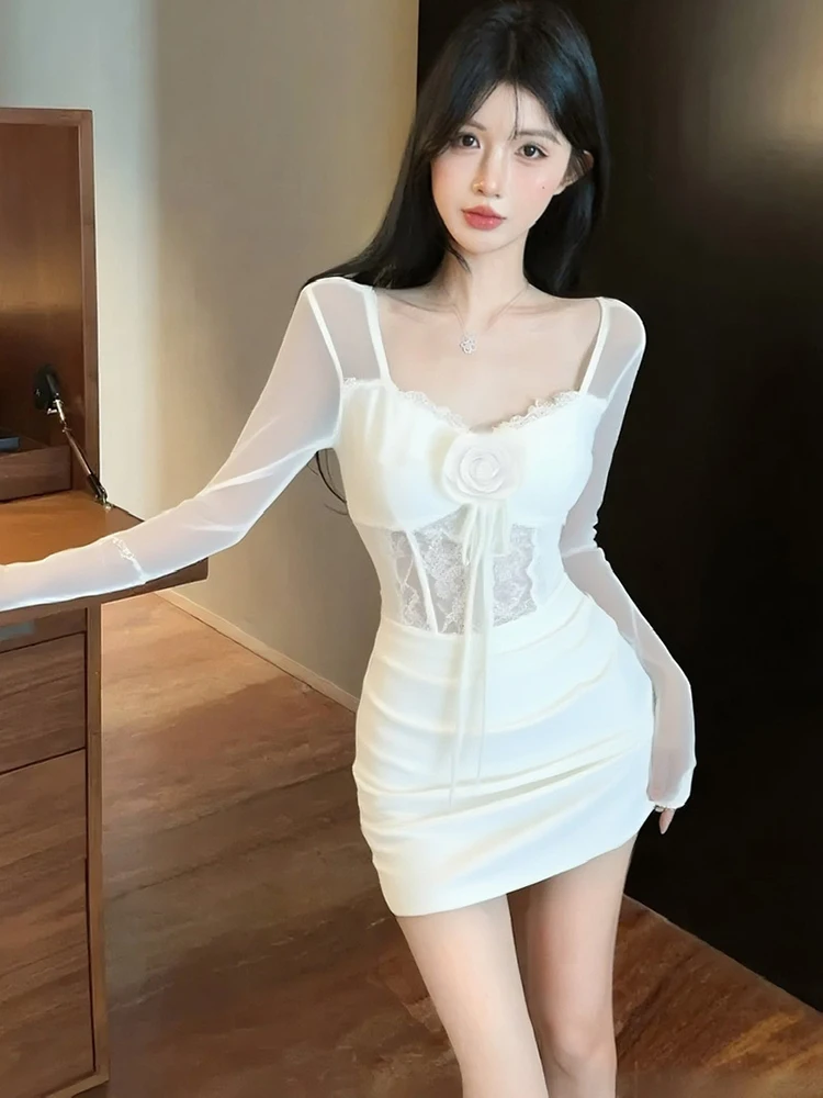 2025 Black Mesh Patchwork Lace Sheer Sexy Mini Dress Women Long Sleeve Square Collar Dress Autumn Korean Vintage Bodycon Dresses