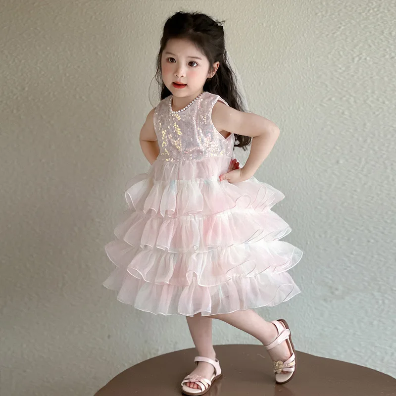 Summer Girl Princess Dress Sweet Cute Dress Pearl Glitter Mesh Puff Skirt Evening Dress Sleeveless Tiered Skirt Holiday Gift