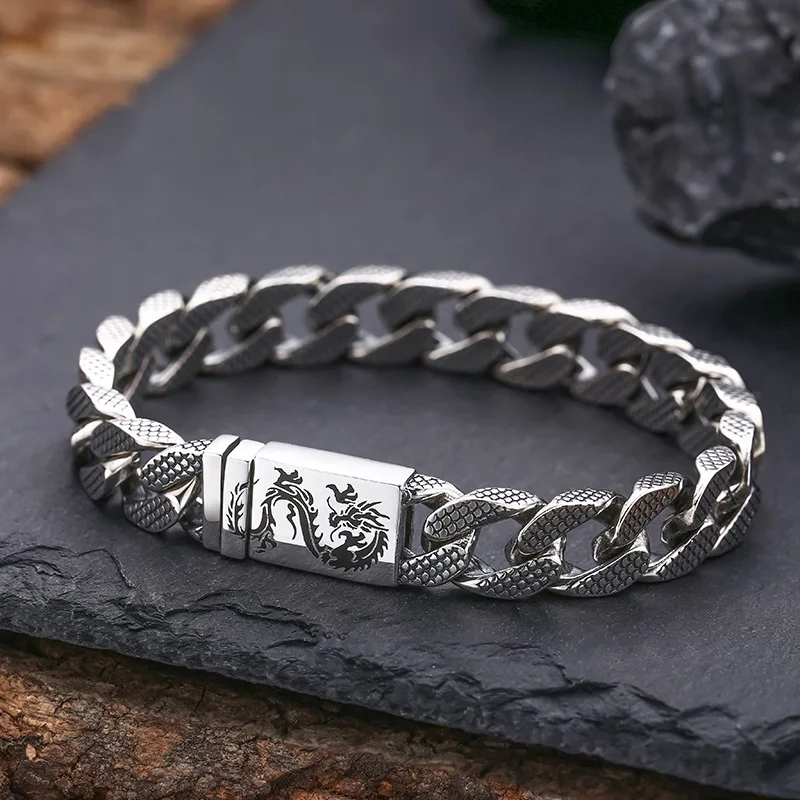 925 sterling silver bracelet black dragon scale cuban men thick thai silver retro distressed trendystylish jewelry