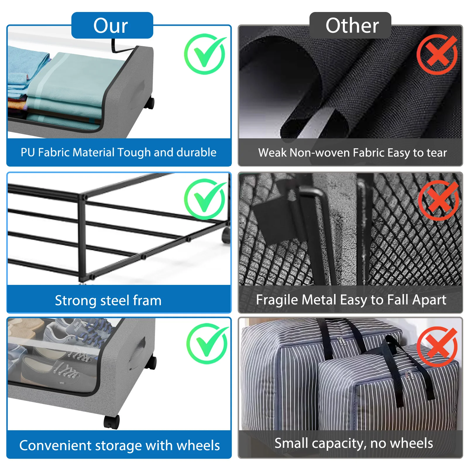 صندوق تخزين سرير مكون من قطعتين مع عجلات، صندوق تخزين متدحرج ذو سعة كبيرة مع نافذة شفافة ومقابض لألعاب الملابس والأحذية