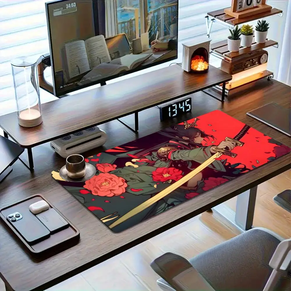 Bloody Red Sky Lone Samurai Under Red Moon Oriental Ink Scene Compatible With Laptop Games Table Mat