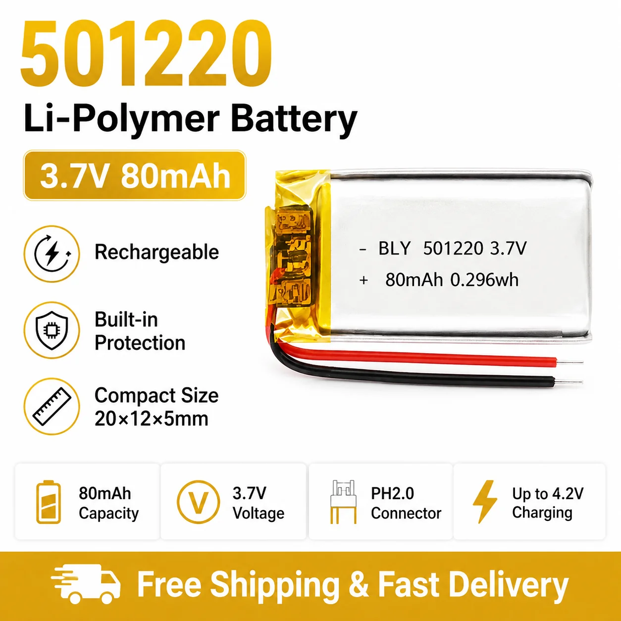

3.7V 80mAh 501220 Lithium Polymer Battery Replacement Cell For Smart Watch Bluetooth Earphone GPS