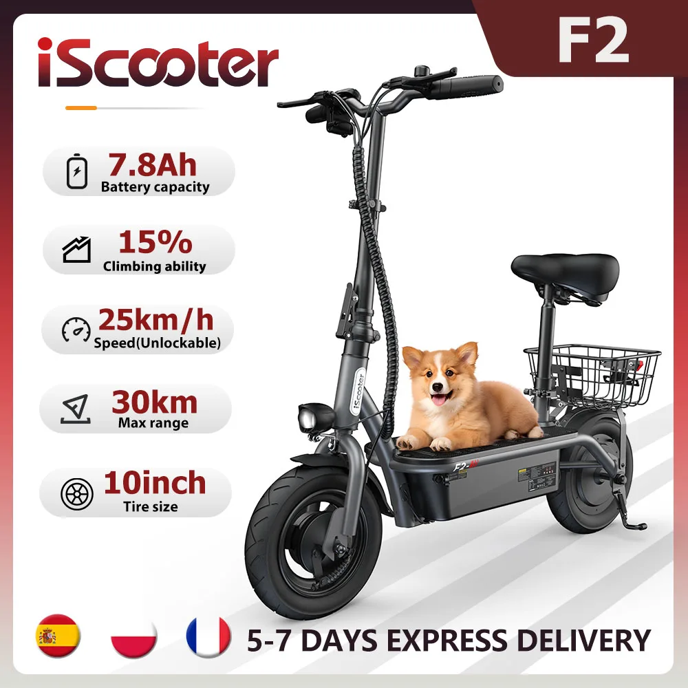 Monopattino Elettrico iScooter F2, Monopattino Pieghevole da 10 Pollici, Batteria da 7.8Ah, Autonomia di 30 km, E-Scooter con Cestino per Uso Quotidiano