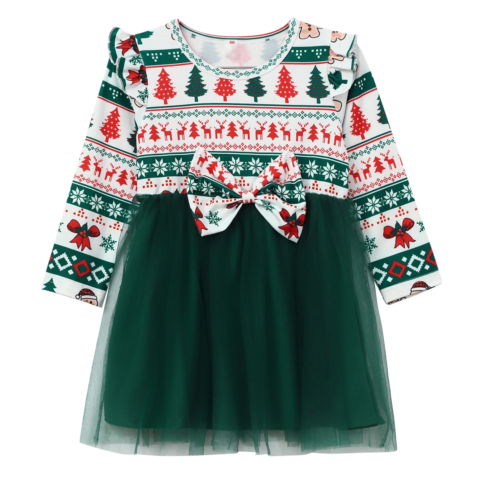 Toddler Baby Girls Christmas Party Dress Cute Pattern Print Long Sleeve Bow Mesh Princess Tutu Ball Gown Xmas Festival Costume