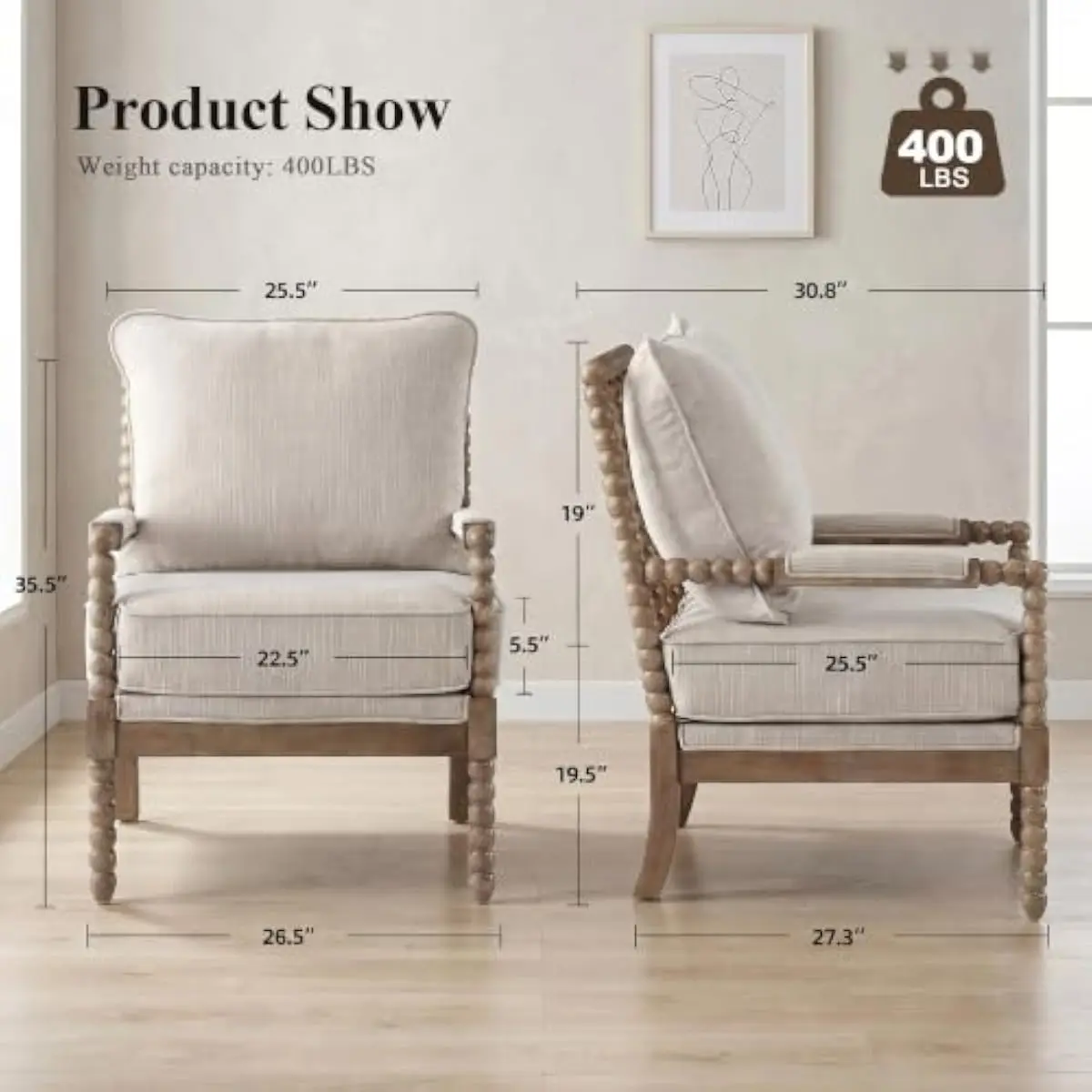 Linen-Blend Spool Accent Chairs Pair | Mid-Century Inspired Armchairs with Ergonomic Curved Arms | Reversible Foam Cushions & Ha