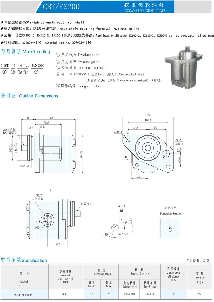 Excavator Gear Oil Pump for Repair EX100-2 EX120-2 EX200-2 Excavator Pilot Pump 307002-4640