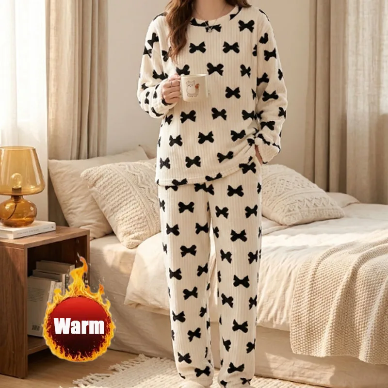 1-4PCS Womens Pajama Set Coral Fleece Long Sleeve Bow Top Pants Thick Winter Warm Home Lounge Sleepwear Indoor Casual Nightwear