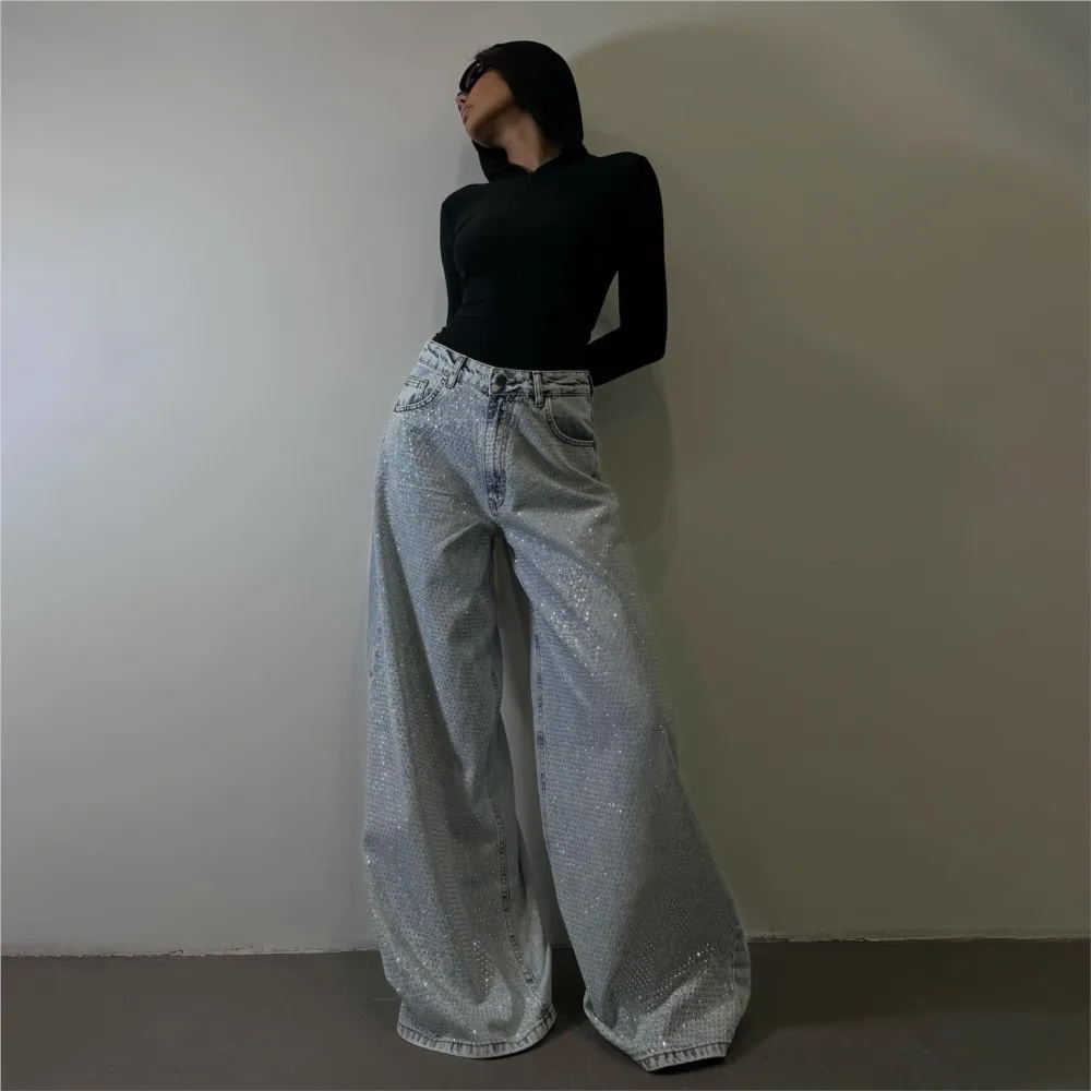 New Retro Blue Floor Dragging Pants for Women Diamond Loose High Waist Jeans