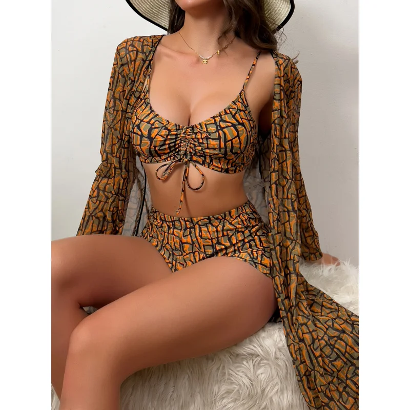 

2025New Style Two-Piece Swimsuit Printed Three-Piece Set with Mesh Cover-Up, Conservative High-Waisted Boxer Shorts Swimsuit