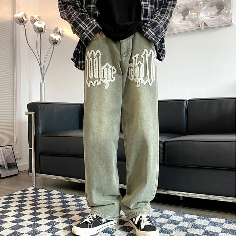 Nuovi Jeans Vintage stampati in schiuma con lettere per uomo Goth Streetwear pantaloni larghi dritti in Denim a gamba larga Y2K pantaloni Casual Hip Hop