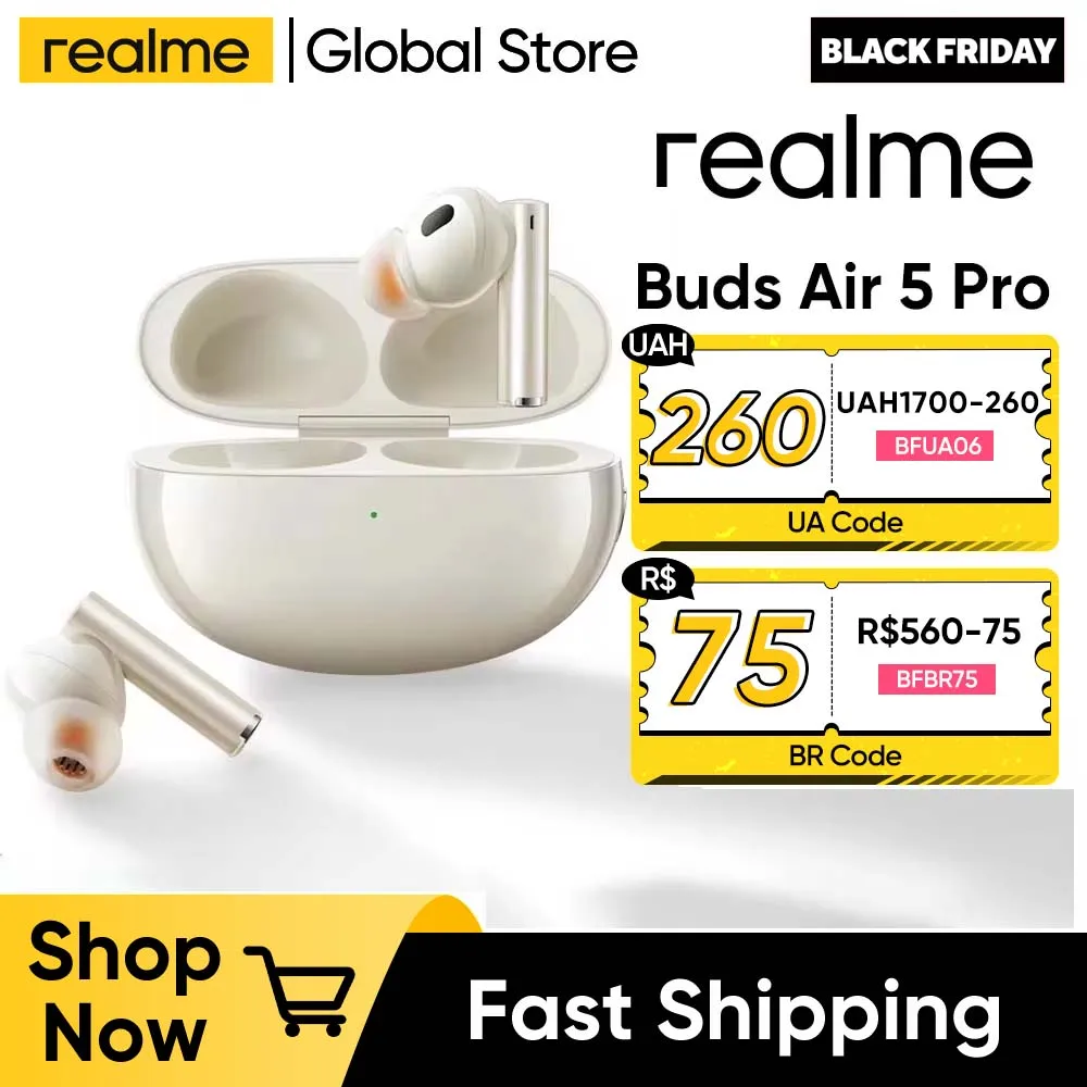 Realme-Écouteurs Air 5 Pro, Suppression Active du Bruit, 50dB, AC, Bluetooth 5.3, Sans Fil, Sauna, Qualité HiFi