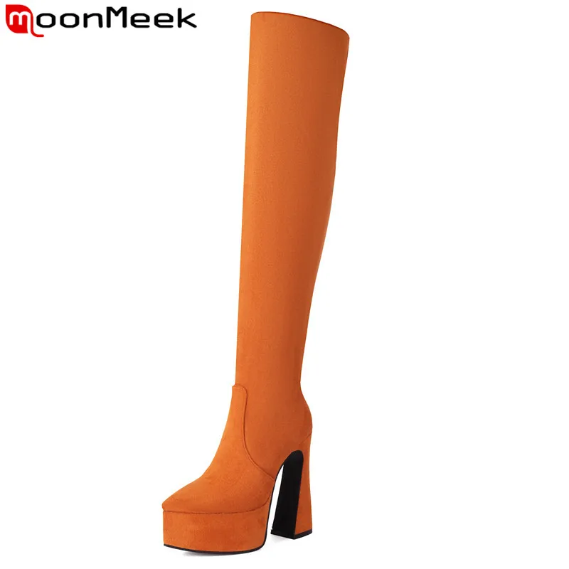 

MoonMeek 2023 New Pointed Toe Flock Slip On Platform Boots Thick High Heels Winter Boots Top Sale Ladies Over The Knee Boots