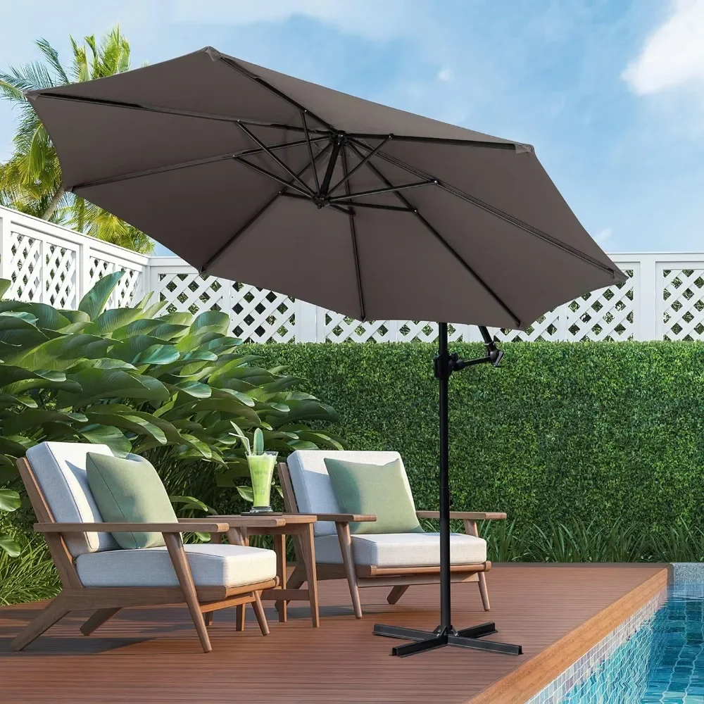 Parasol offsetowy Patio z łatwą regulacją nachylenia, korbą i poprzeczną podstawą, wiszący parasol wspornikowy na zewnątrz z 8 żebrami, 95% UV