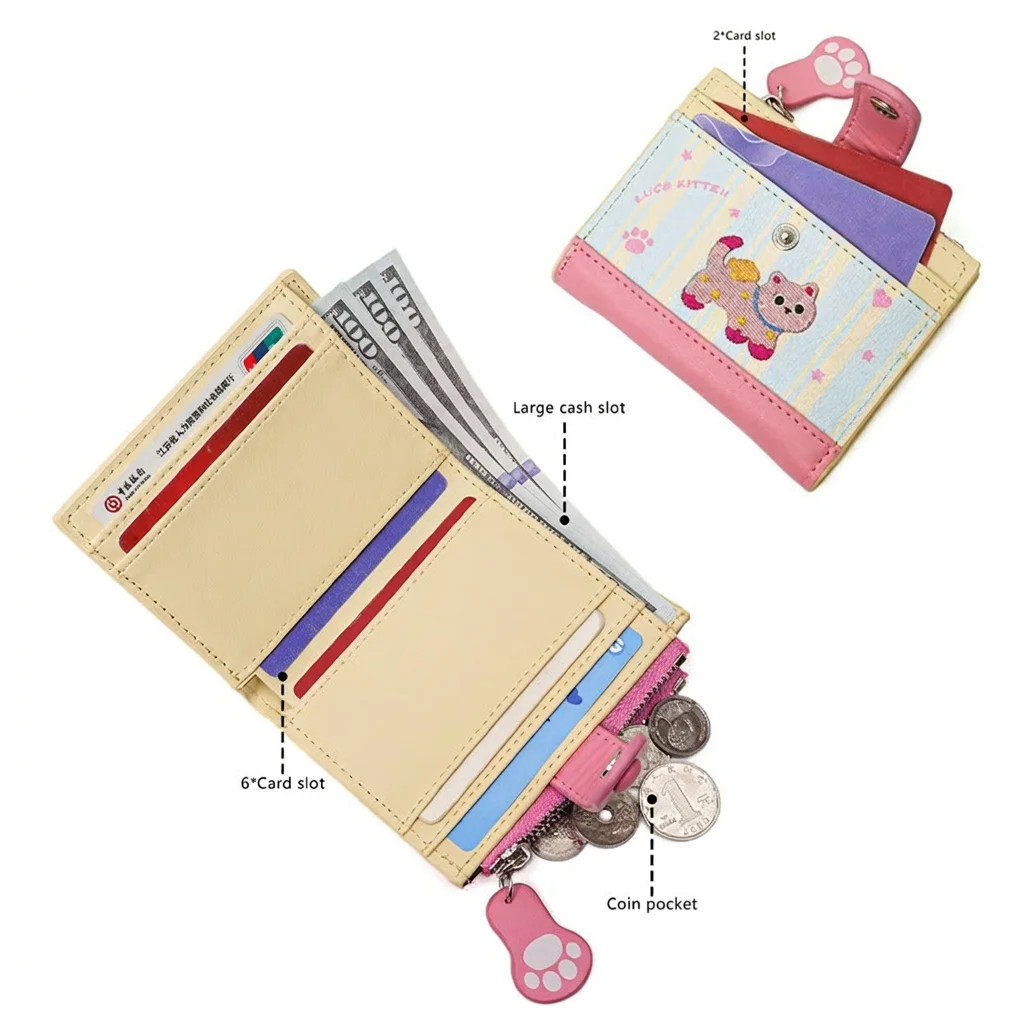Short Bifold Wallet Embroidered Large Capacity Purse Women'S Pu Wallet Soft Wallet For Cards Cash Coins For Shopping School