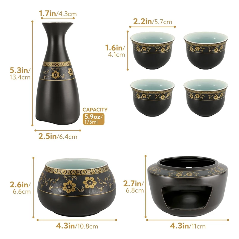 Janpanese Sake Set with Wamer, Ceramic 7pcs Wine Set with 1  Carafe 4 Sake Cups 1 Sake Warmer 1 Candle Stove