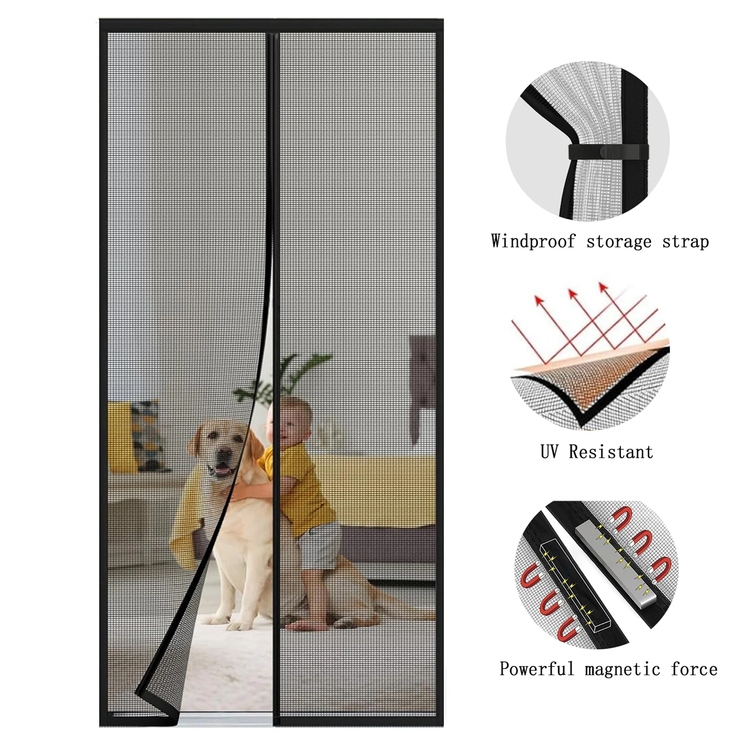 Magnetic screen door, hands-free mesh partition, thick curtain for mosquito and insect isolation, pet and child-friendly