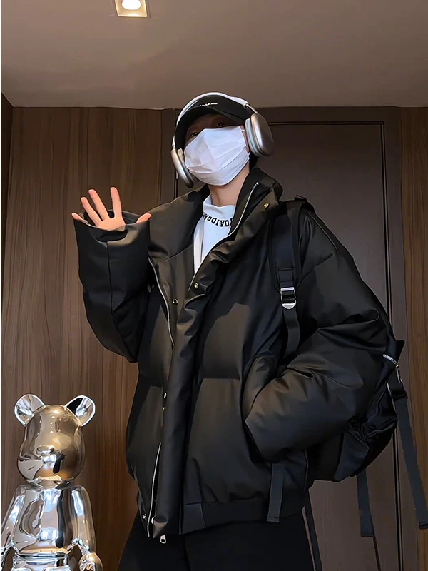 American Sle Winter Thiened Bla из искусственной кожи, хлопковое мужское свободное теплое пуховое хлопковое пальто, модное хлопковое пальто для пар...