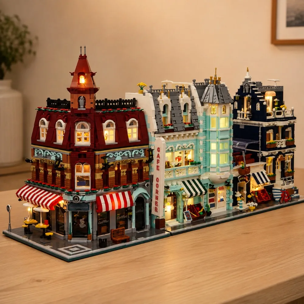 MOC City Micro Building Blocks Toy Coffee Shop European Market Street Grocery Store DIY Architecture Model Desktop Display Gift