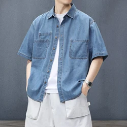 Blue Denim Camisas de manga curta Homens Verão Fino Coreano Moda Top Vintage Oversize Baggy Cardigan Blusas Casual Homem Roupas