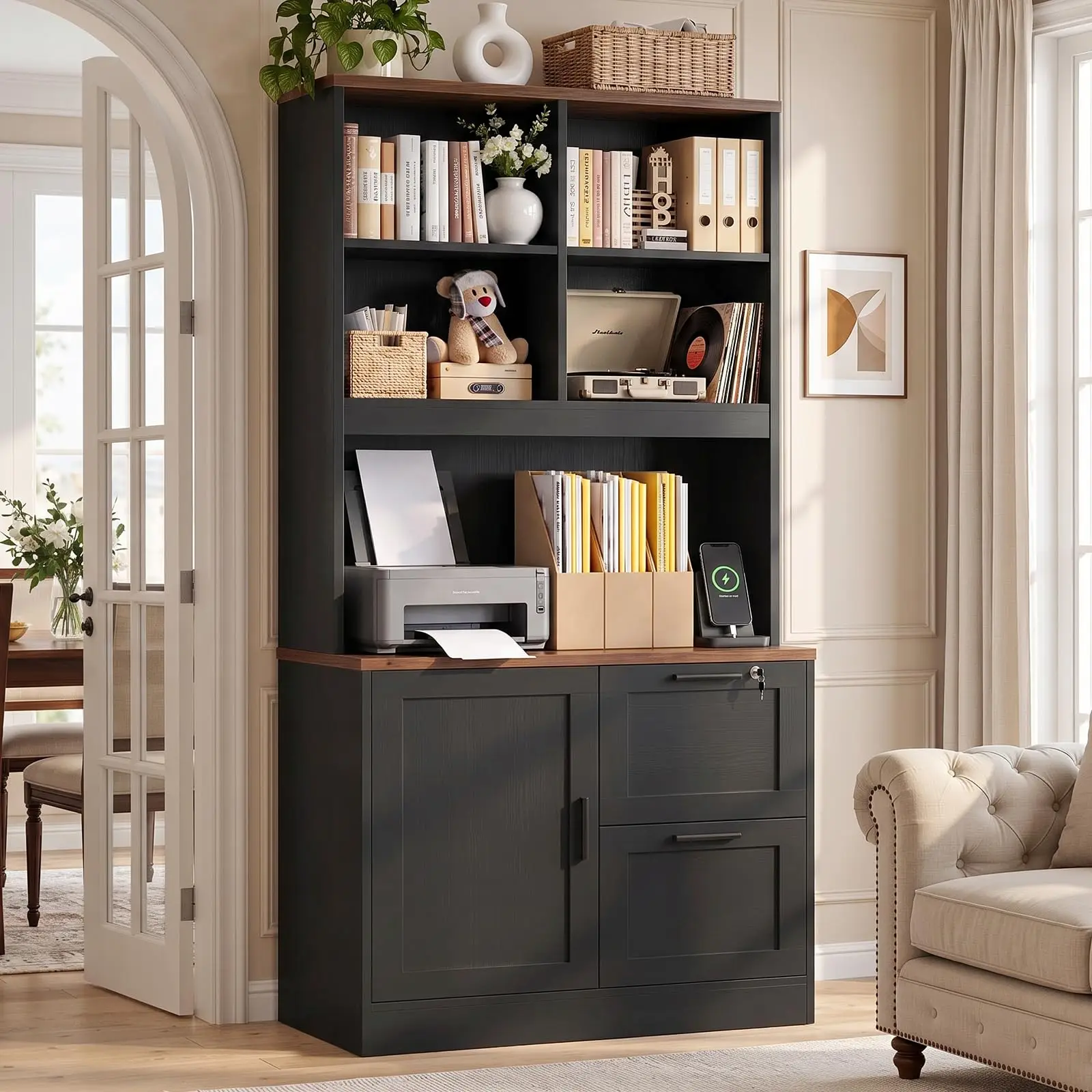 Vertical File Cabinet Bookcase with Printer Stand & Charging Station, Black