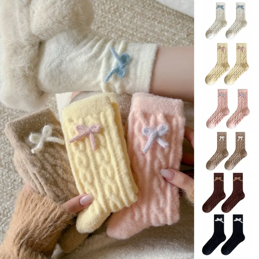 

Милые утолщенные носки из кораллового флиса с бантом и винтовой резьбой, плюшевые носки для пола, чулочно-носочные изделия, носки средней длины для сна, женский подарок