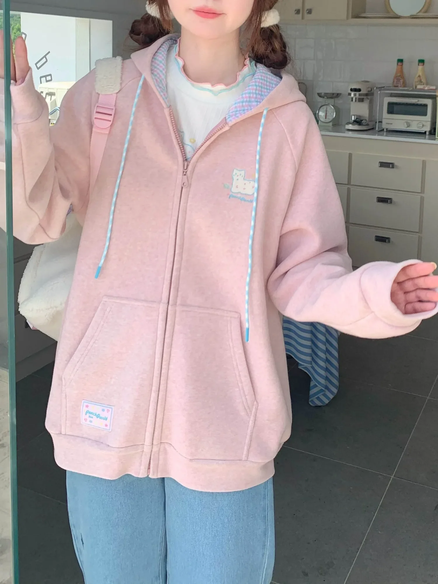 QWEconvex-Sweat à capuche zippé rose Kawaii pour femme, sweat à capuche basique, sweat à capuche doux et mignon, mode coréenne japonaise, Y2K, PVD