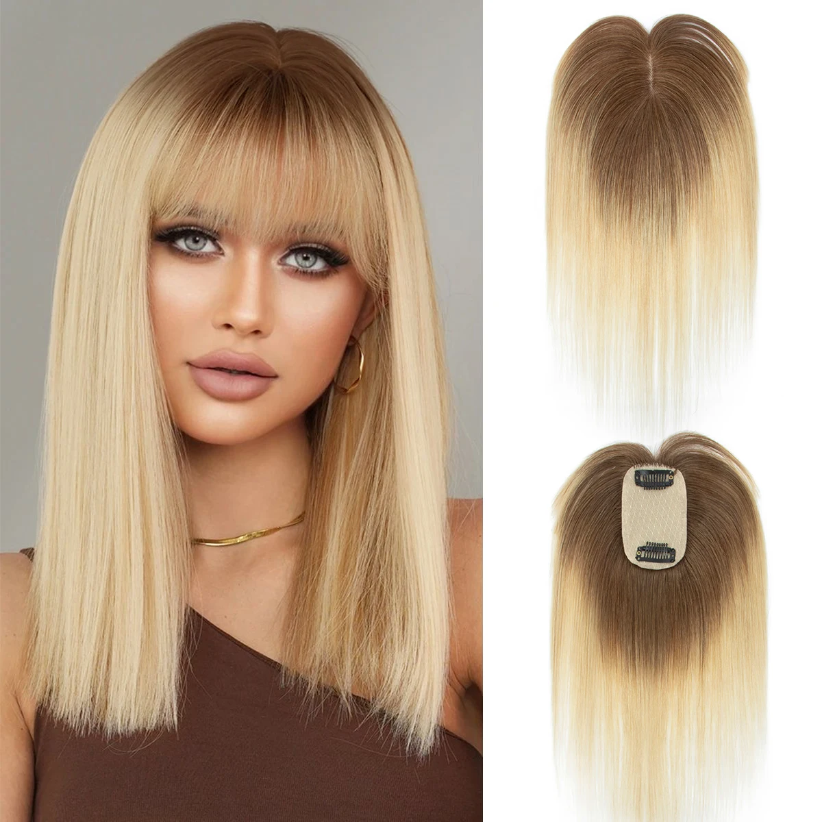 

Градиентные цвета, настоящие топперы из натуральных волос для женщин, повседневные 360° ° Челка 3D накладные волосы с истонченной челкой 20, 25, 30, 35 см