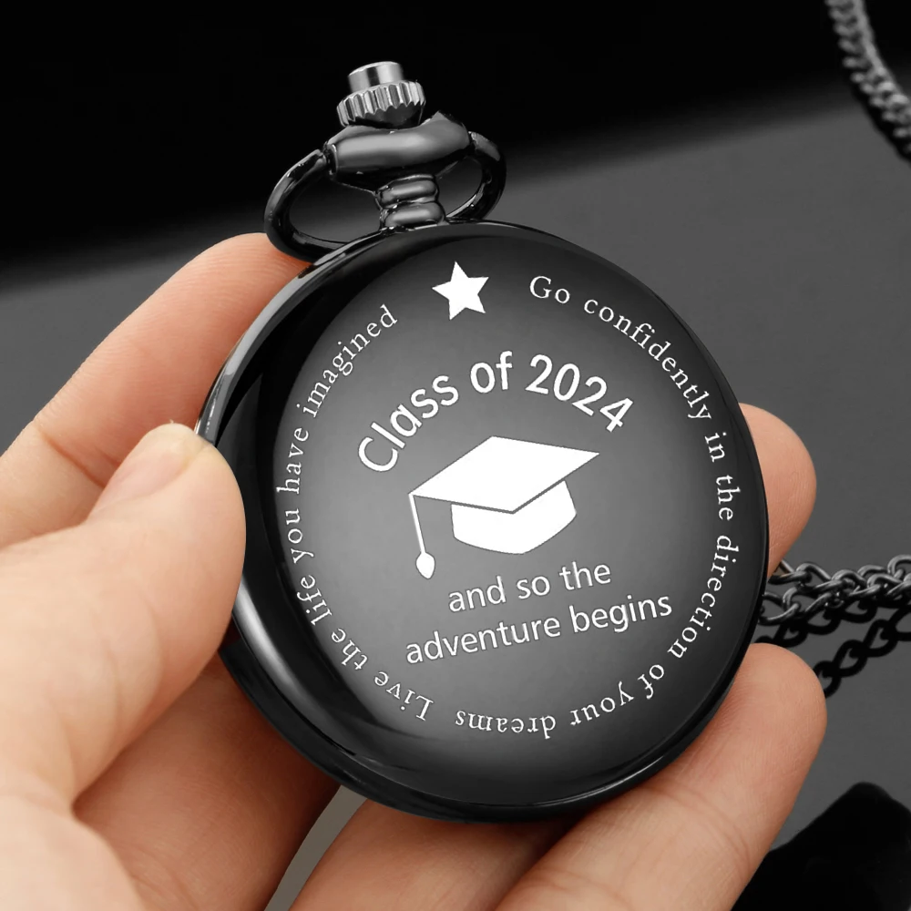 

Class of 2024 Carving english alphabet face pocket watch a belt chain Black quartz watch graduation ceremony perfect gift