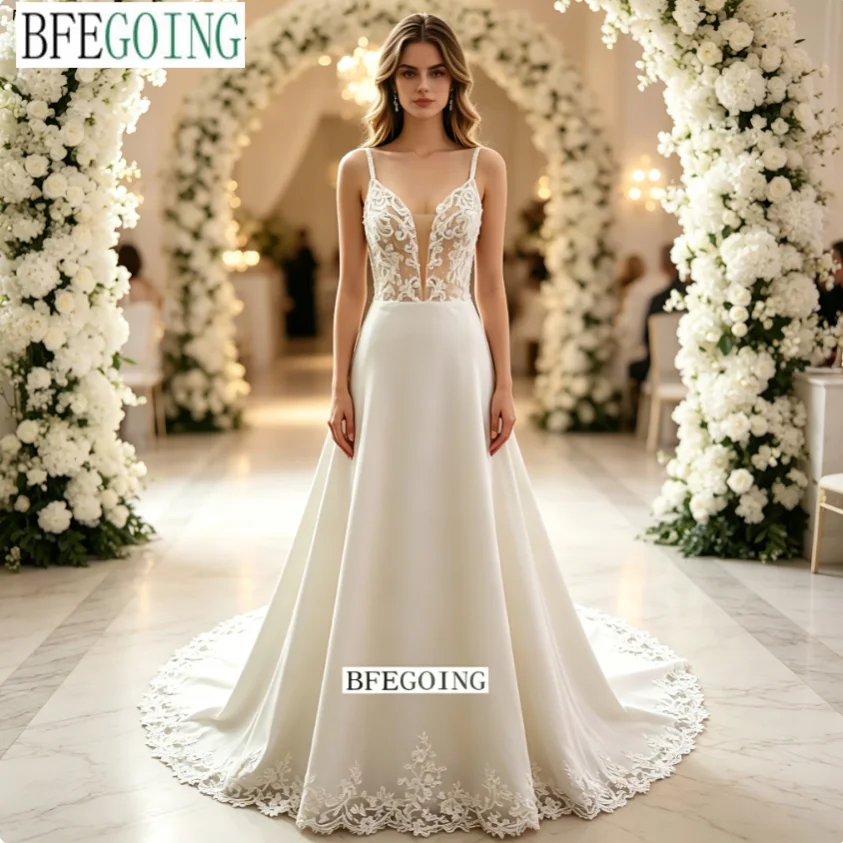 Crepe Chiffon Princess Wedding Dresses Chapel Train Customized Beading V-Neck  Sleeveless  A-Line Bridal Gowns