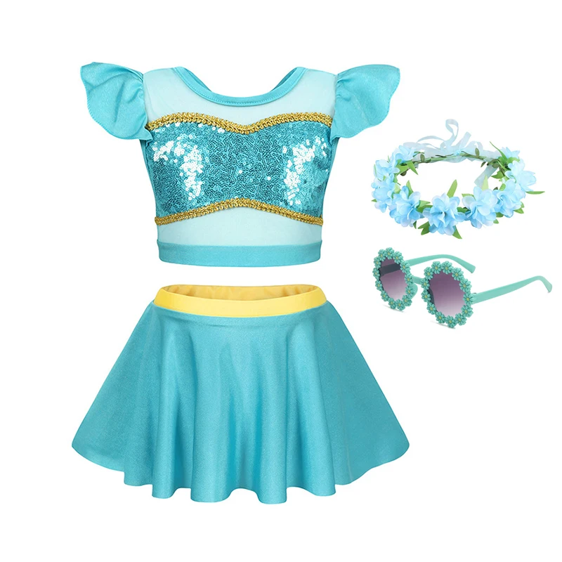 Disney Princess Jasmine Inspired 2Pcs Swimsuit for Girls Turquoise Sequin Bikini with Flower Wreath Sunglasses Kids Beachwear