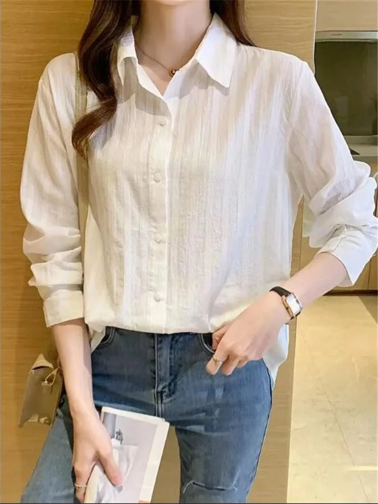 

White Cotton Shirt Women Blouses Professional Top Laple Long Sleeve Bottom Shirt Basic Cardigan Shirt Grace Feminine Blusas