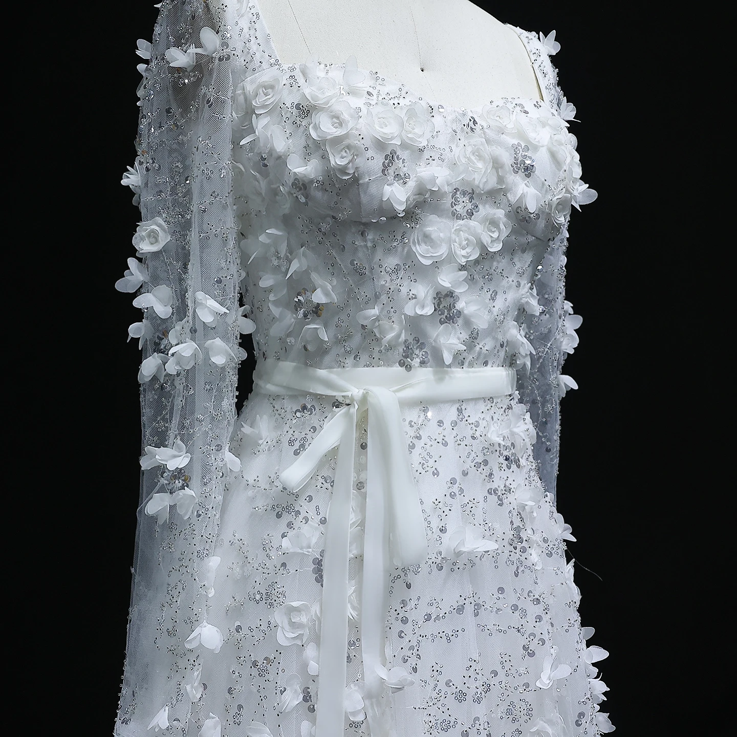 Sharon Said-Robe de Soirée de Luxe Grise à Fleurs 3D pour Femme, Tenue à Manches sulf, Forme Trapèze Arabe, Personnalisée, SS353